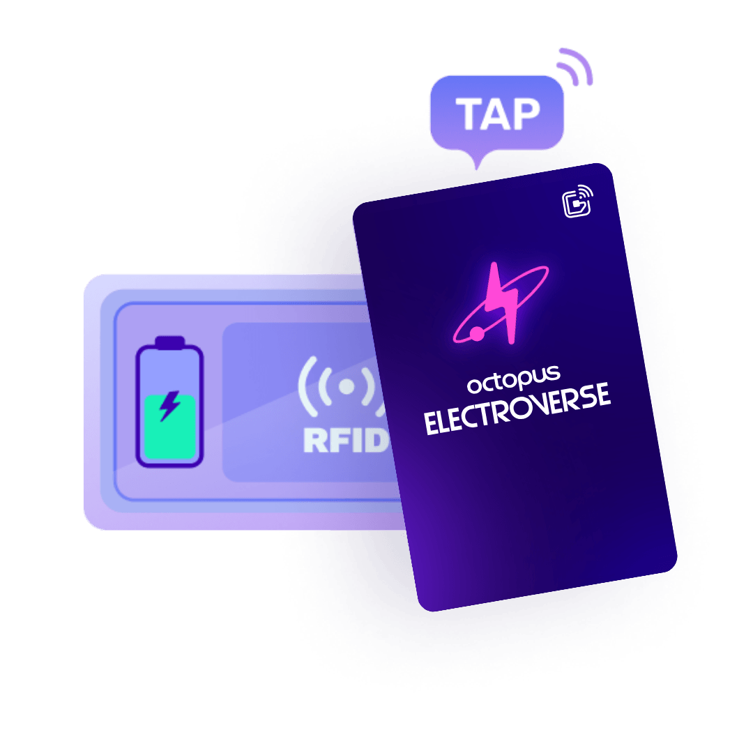 Illustration of an "Octopus Electroverse" card tapping on an RFID reader, with a battery icon indicating charging.
