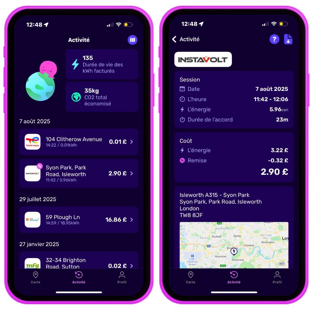 deux contours d'iPhone avec des captures d'écran des pages d'historique de chargement de l'application Electroverse et un reçu à l'intérieur
