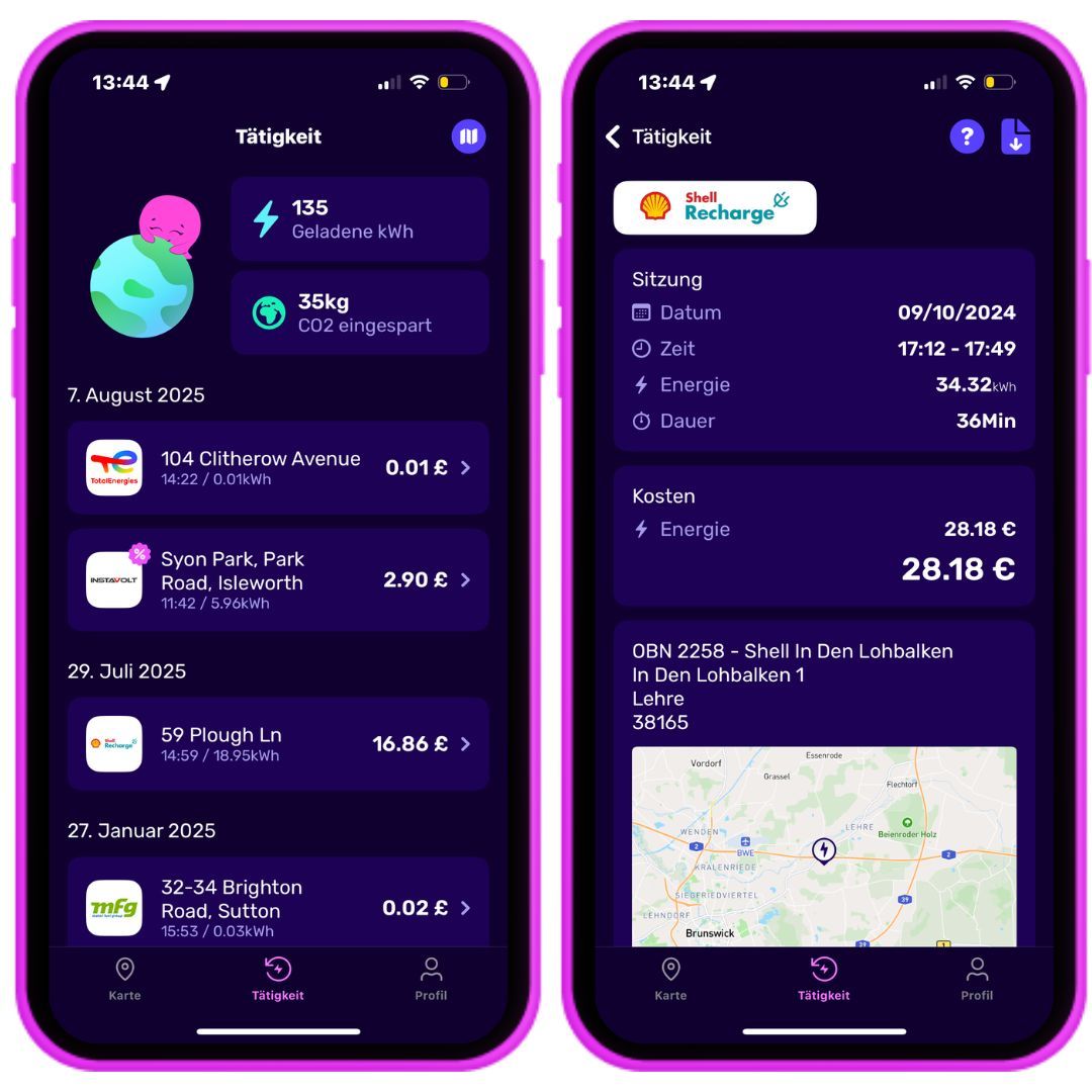 Zwei Screenshots der Ladeverlaufsseite der Electroverse-App und eine Quittung innerhalb eines rosa iPhone-Umrisses.