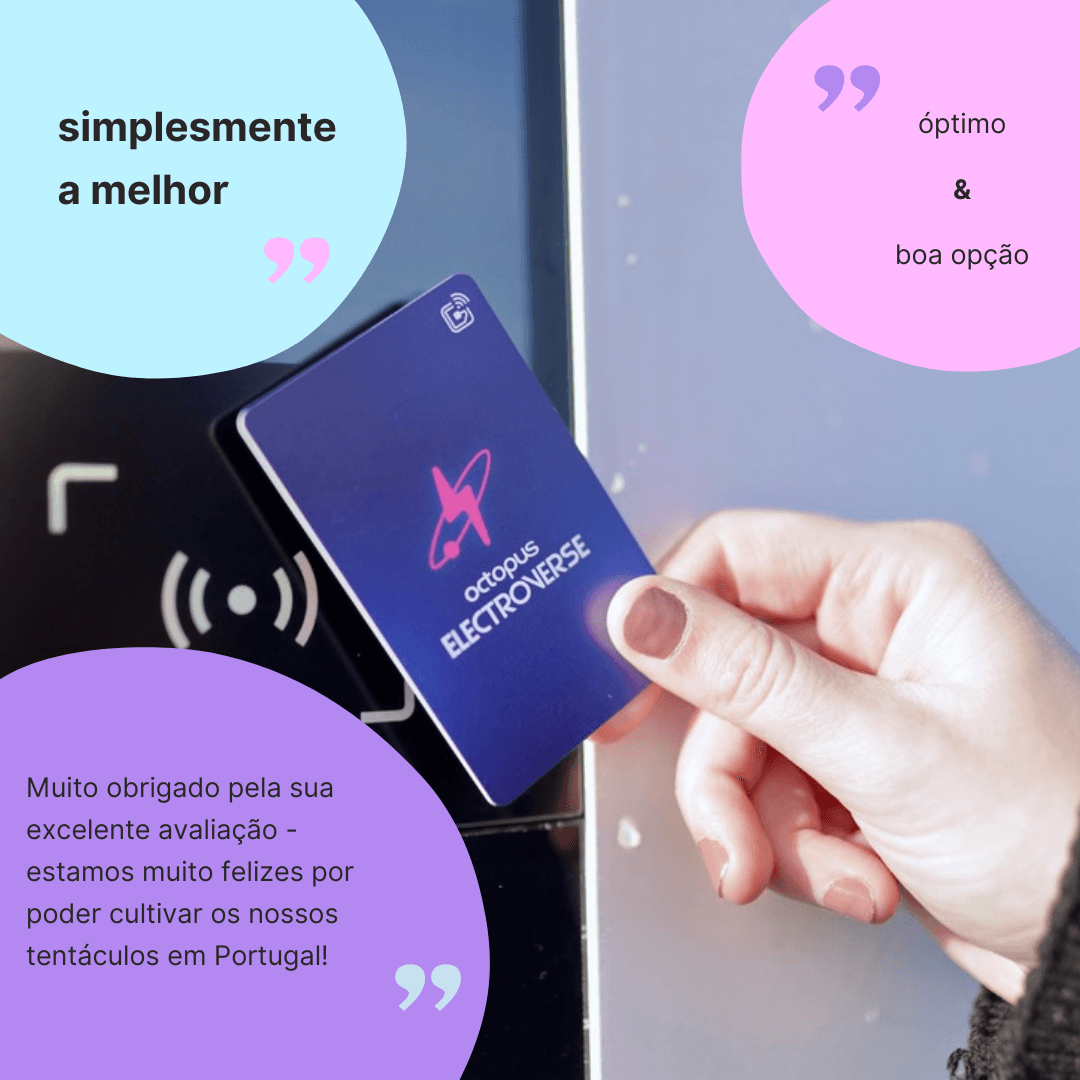 Uma mão segura um cartão com a inscrição «Electroverse» perto de um leitor. Balões de texto em português expressam sentimentos positivos, críticas e gratidão.