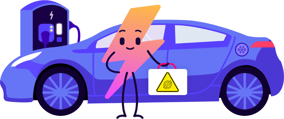 La mascota de Octopus Electroverse, Zapman, lleva un kit de conducción europeo mientras está de pie junto a un vehículo eléctrico que se está cargando.