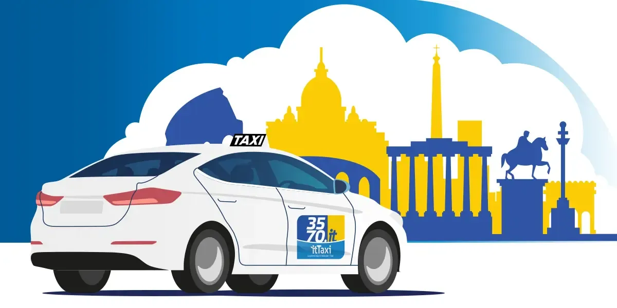 Illustrazione di un taxi bianco con il logo “3570” che guida verso uno skyline caratterizzato da monumenti iconici in blu e giallo.