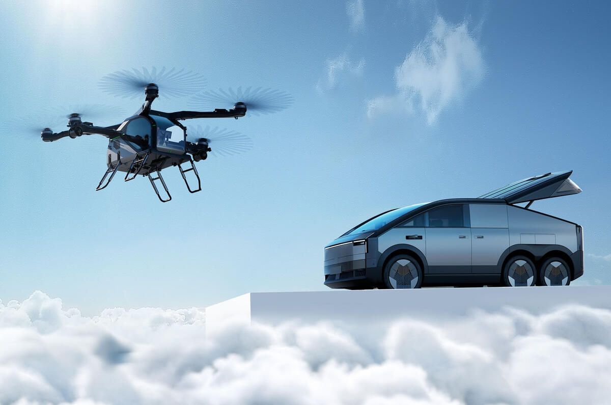 A futuristic drone and a sleek, modern vehicle with an open hatch, positioned above clouds under a clear blue sky.