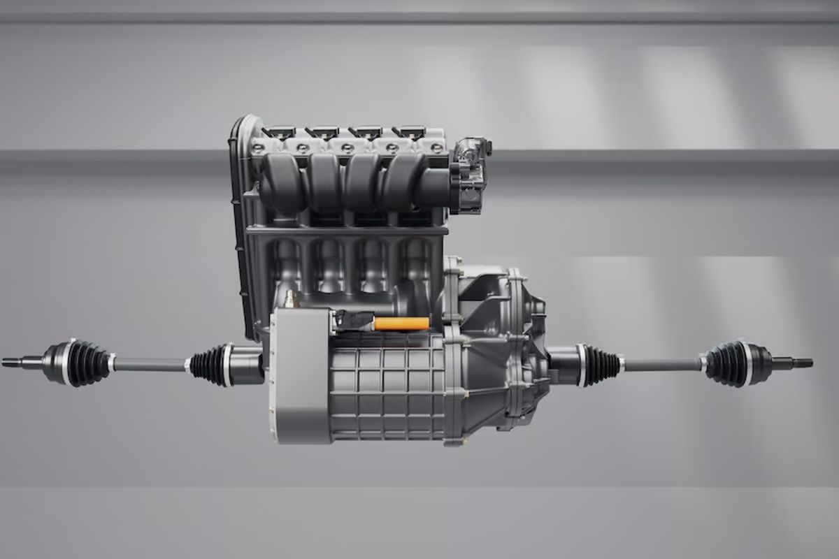 Powertrain hybrid engine. A detailed view of a car engine and transmission system on a gray background, showcasing its mechanical components and axles. Motore ibrido di trasmissione. Vista dettagliata del motore e del sistema di trasmissione di un'auto su sfondo grigio, che ne mostra i componenti meccanici e gli assi.
