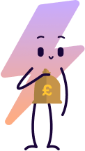 Electroverse mascot holding bag of money. Mascotte d'Electroverse tenant un sac d'argent.