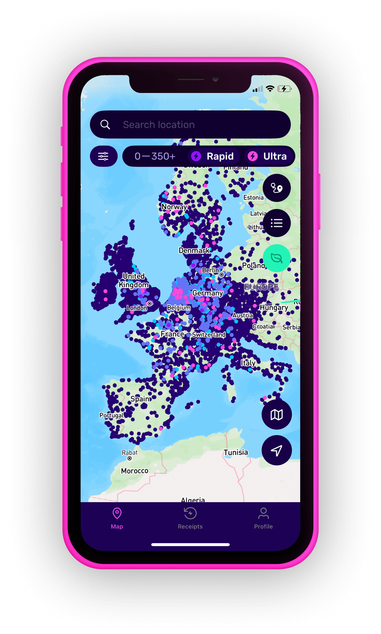 Smartphone displaying a map of Europe with numerous purple location markers, indicating various points of interest or data points.