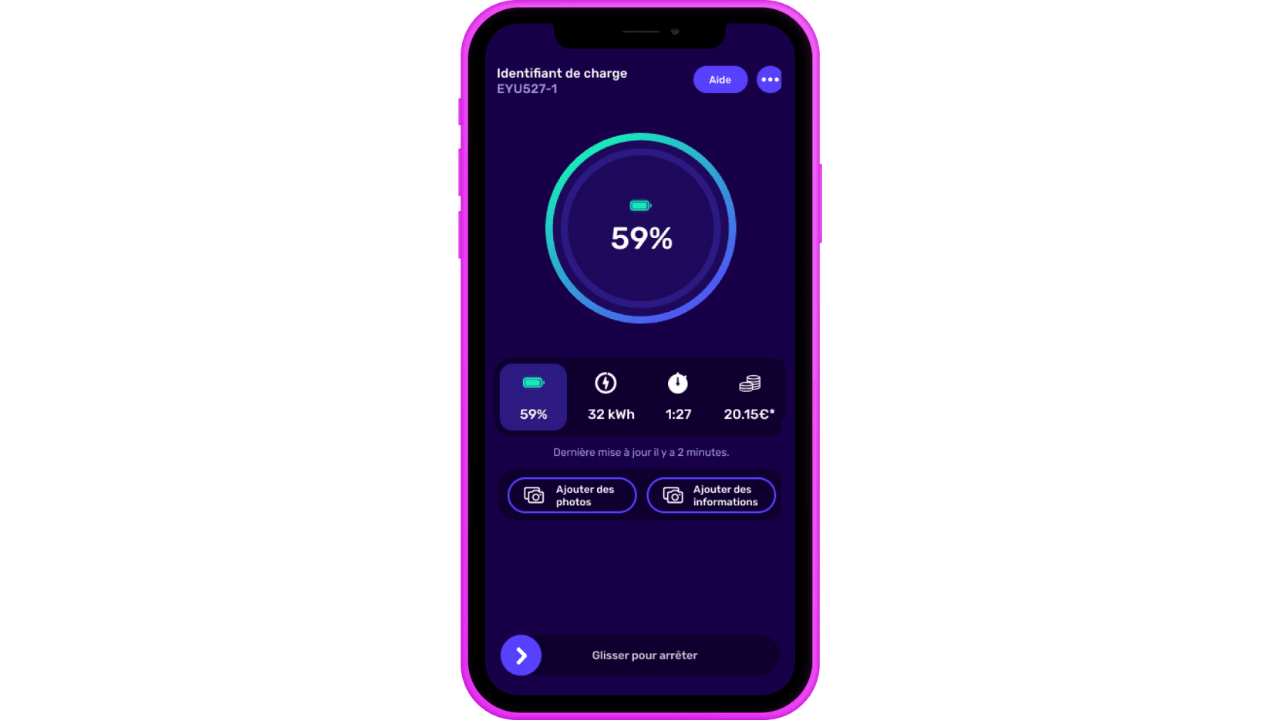Écran de smartphone affichant une application de charge avec un indicateur de charge de 59%, des détails de l'énergie et des options pour ajouter des photos ou des informations.