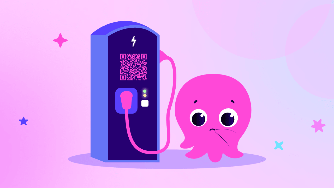 Une pieuvre rose de dessin animé à côté d'une borne de recharge bleue avec un QR code, et des étoiles en arrière-plan sur un dégradé violet.