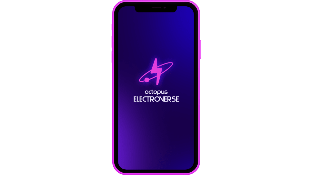 Smartphone avec un cadre rose affichant un écran violet comportant un logo stylisé d'un éclair et le texte « Octopus Electroverse ».