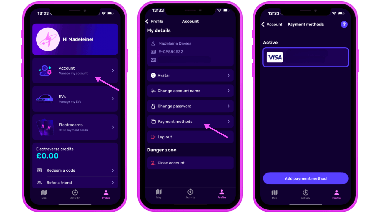 Three smartphone screens showing a user profile interface with options for account management, payment methods, and EV settings.