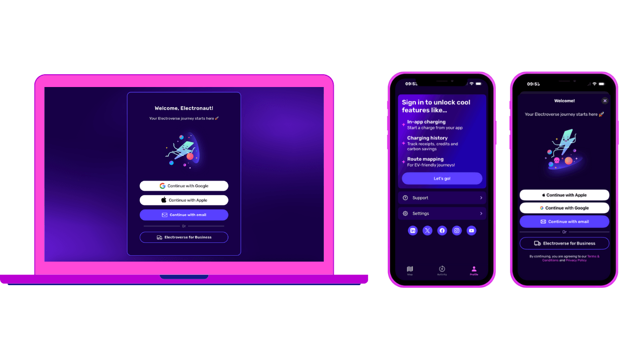 Purple-themed digital interface on a laptop and two smartphones displaying a sign-in screen in the Electroverse app with options for Google, Apple, and email login.