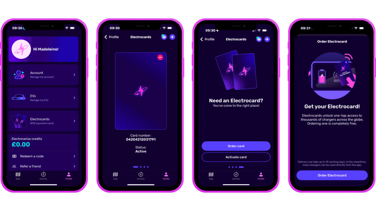 Four smartphone screens display the Electroverse purple-themed app interface for managing and ordering Electrocards, featuring icons and navigation options.