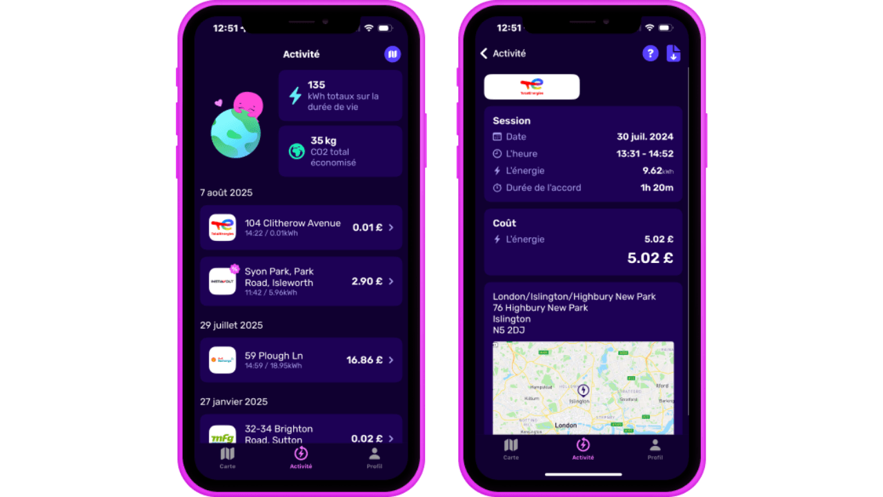 Deux écrans de smartphone affichant une interface d'application de recharge publique avec les détails de la recharge, le coût, les économies de CO2 et une carte.