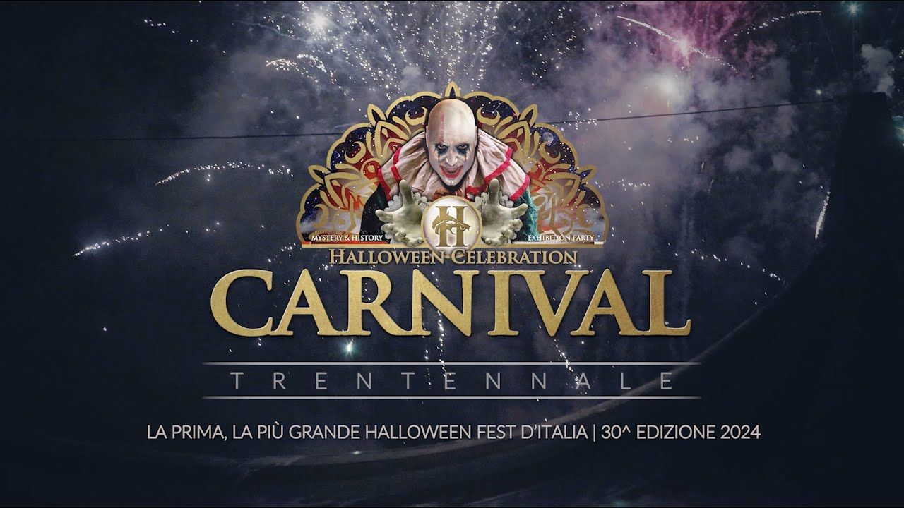 Manifesto del Carnevale di Halloween con volto di clown, fuochi d'artificio e testo: "Halloween Celebration Carnival Trentenale, 30a edizione 2024, Italia".