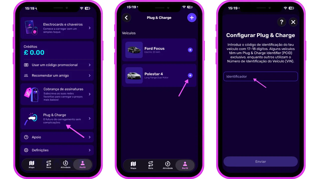 Três ecrãs de smartphones exibem a interface de uma aplicação de carregamento em português, demonstrando o processo de registo no Plug & Charge.