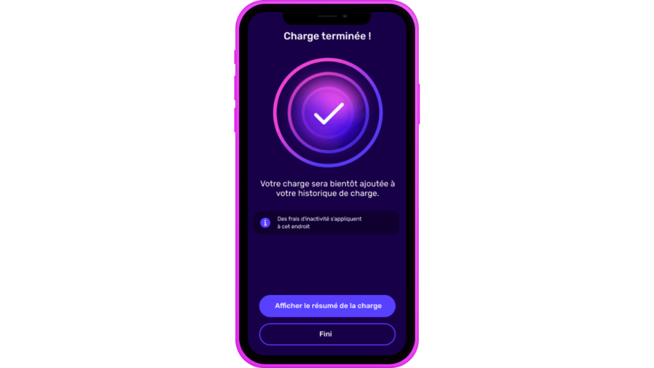 Écran de smartphone affichant une notification de charge terminée en français, avec une coche lumineuse et des options pour afficher le résumé de la charge ou terminer.