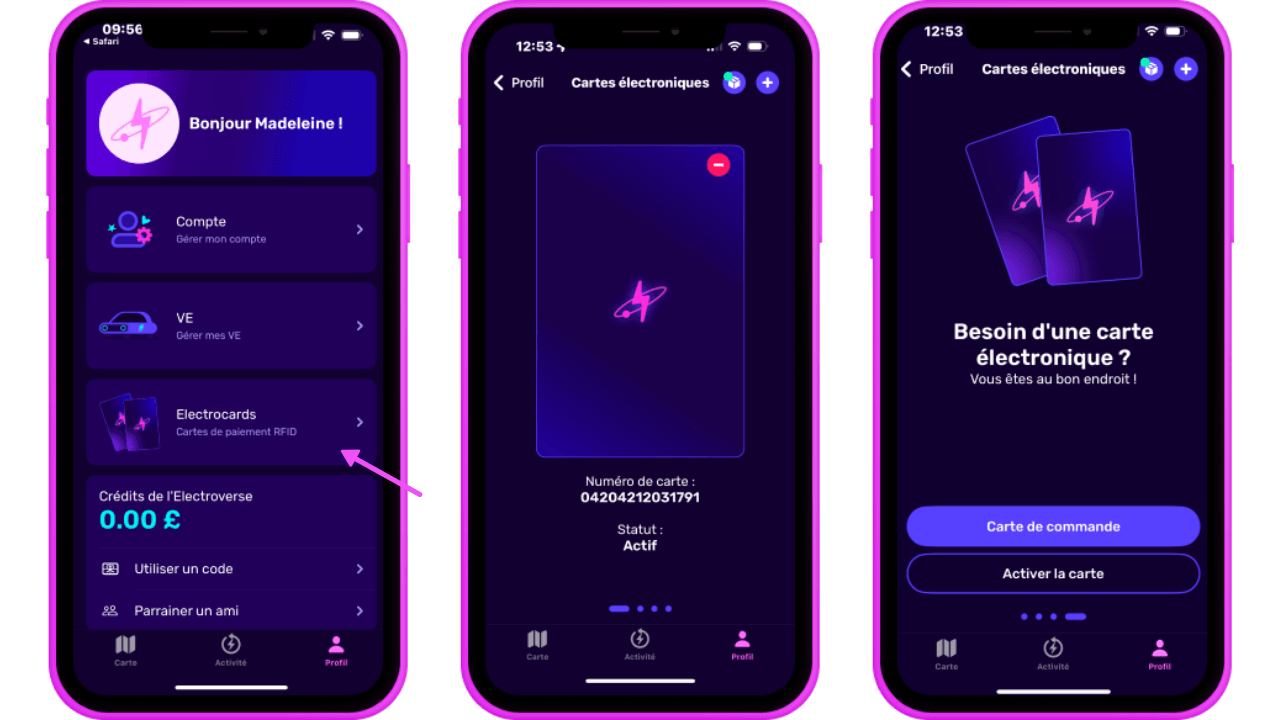 Trois écrans de smartphone affichant une page de profil d'application de recharge numérique en français avec des options pour le compte et les Electrocards.