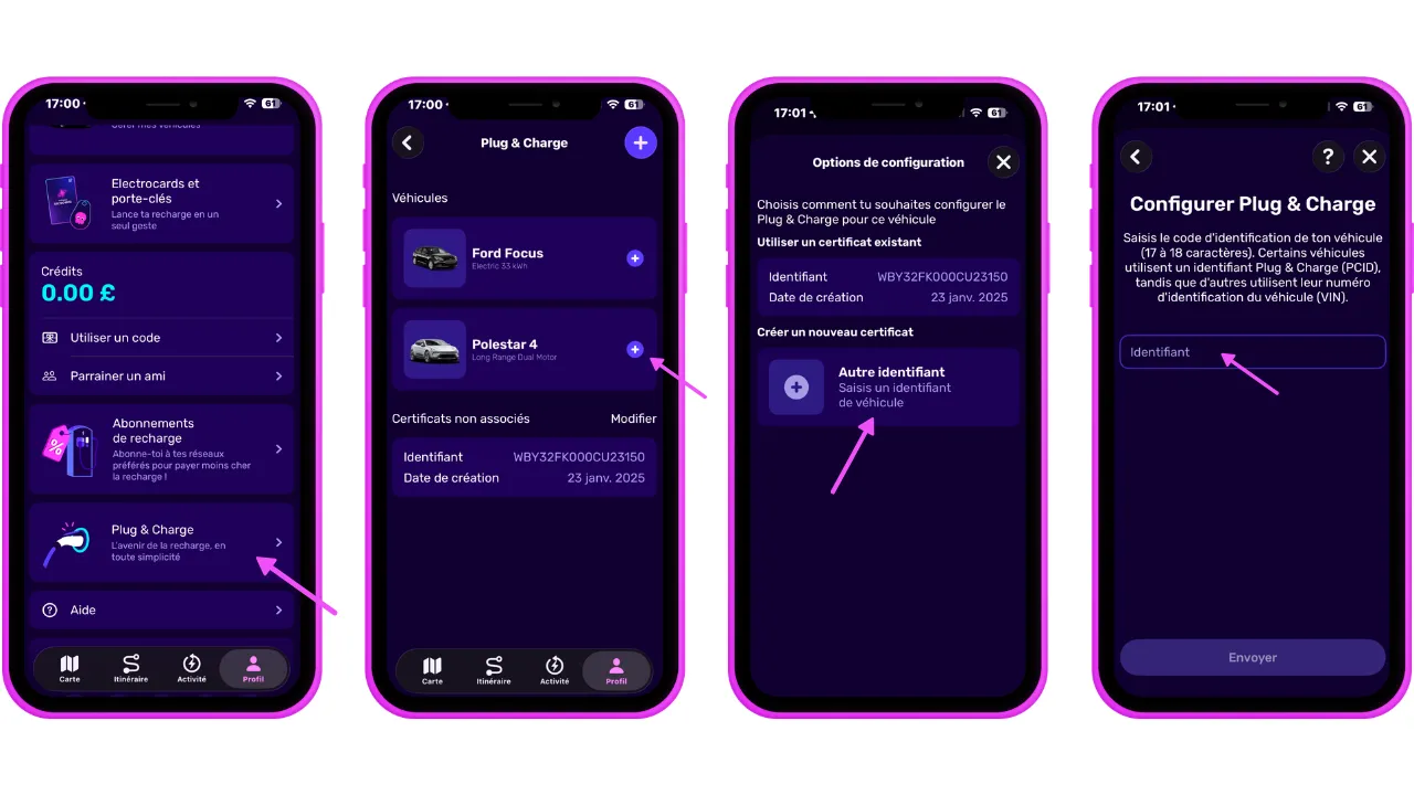 Quatre écrans de smartphone affichent l'interface de l'application de recharge Electroverse, avec des options pour créer un contrat « Plug & Charge » en français.