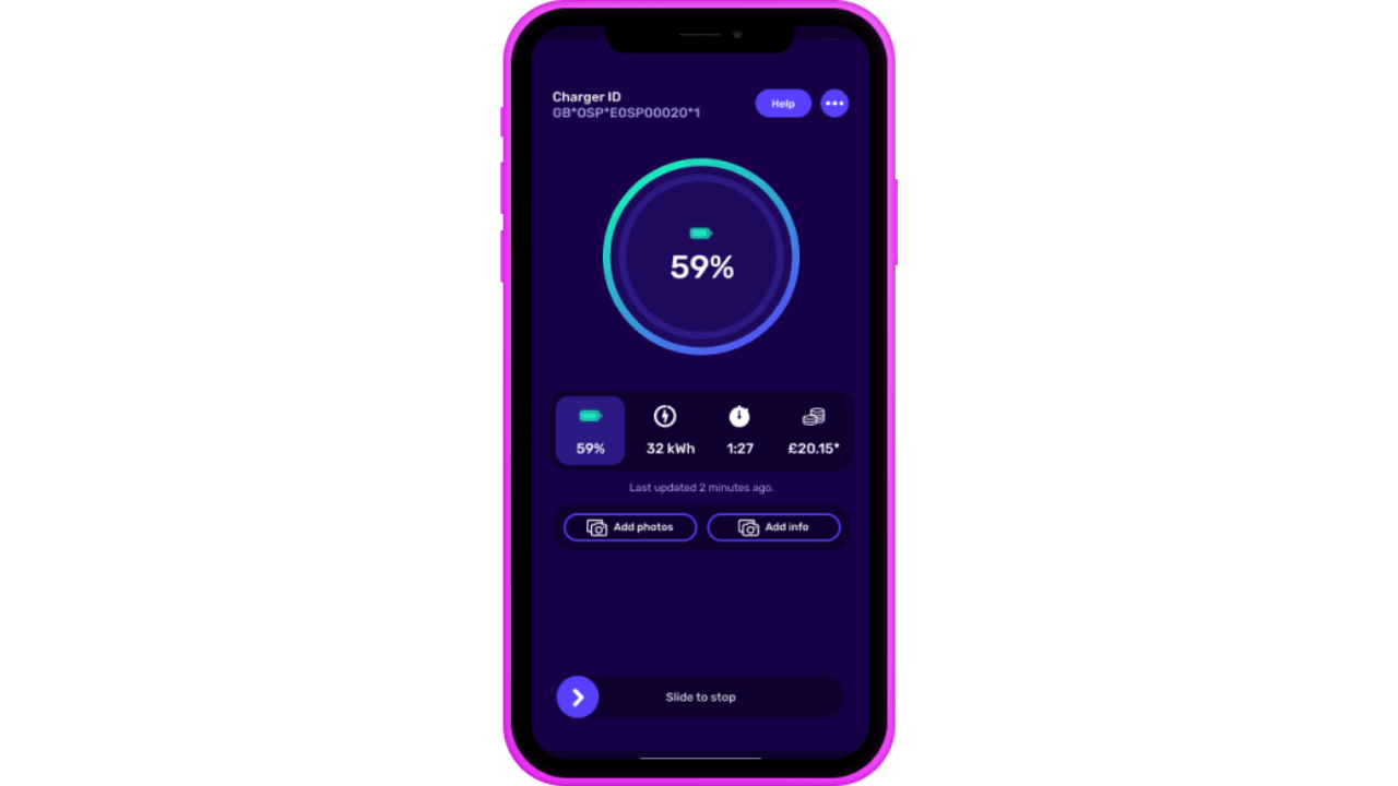 Smartphone screen showing a charging app interface with a 59% battery status, time, cost, and options to add photos or info, on a dark background.