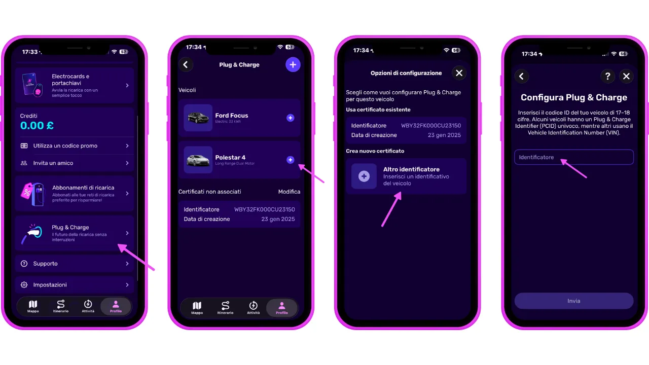 Quattro schermate di smartphone mostrano la procedura di configurazione "Plug & Charge" nell'app di ricarica Electroverse in italiano, con opzioni relative al veicolo e campi per l'inserimento dei dati di identificazione.