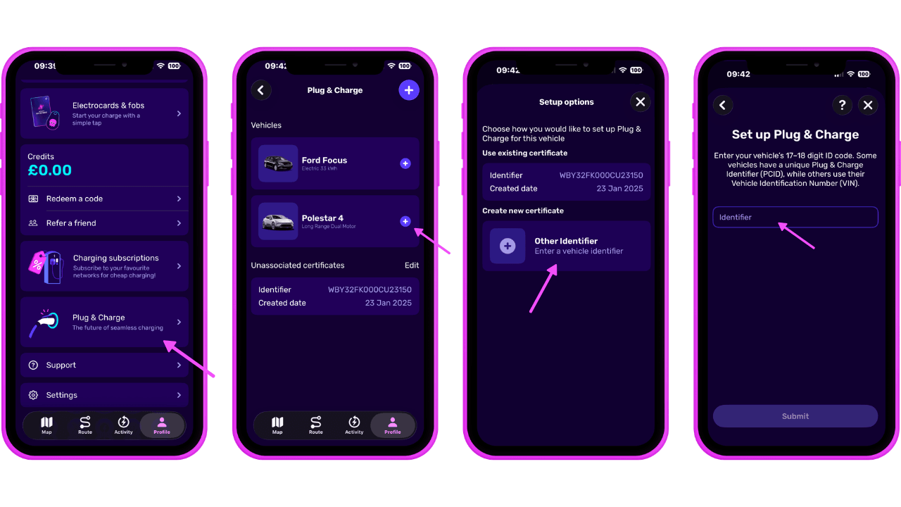 Four smartphone screens displaying a Plug & Charge app setup for electric vehicles with vehicle options and settings.