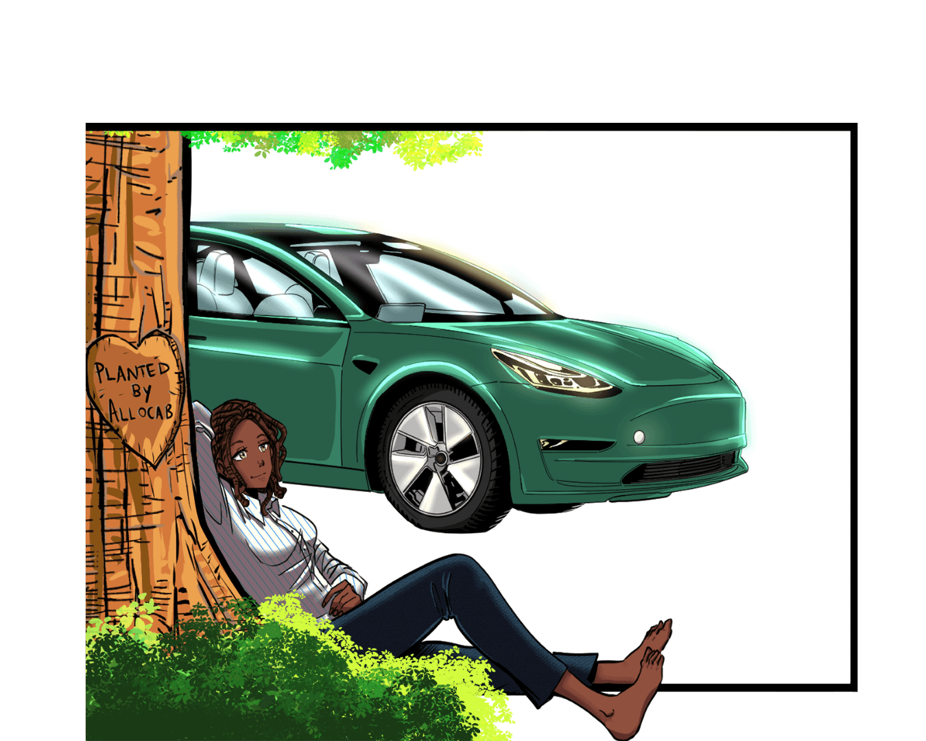 Illustration d'une personne se relaxant sous un arbre avec un cœur sculpté, à côté d'une voiture verte, encadrée par une bordure en forme de fenêtre.