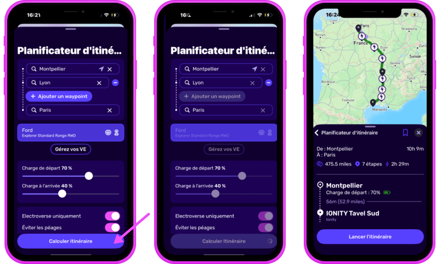Trois écrans de smartphone affichant le planificateur d'itinéraire de l'application Electroverse en français, avec des options d'itinéraire, des préférences de charge et un itinéraire cartographié de Montpellier à Paris.
