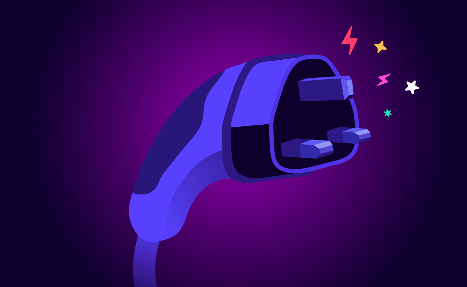 A stylized illustration of a UK power plug with vibrant colors and star-like symbols on a purple background.