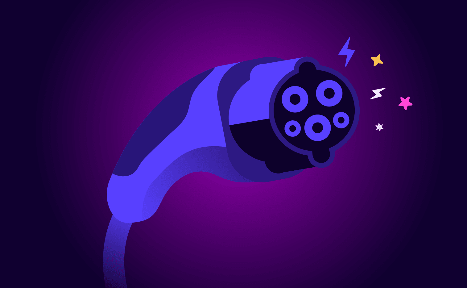 A stylized illustration of an electric car charger connector with colorful stars and lightning bolts on a purple gradient background.