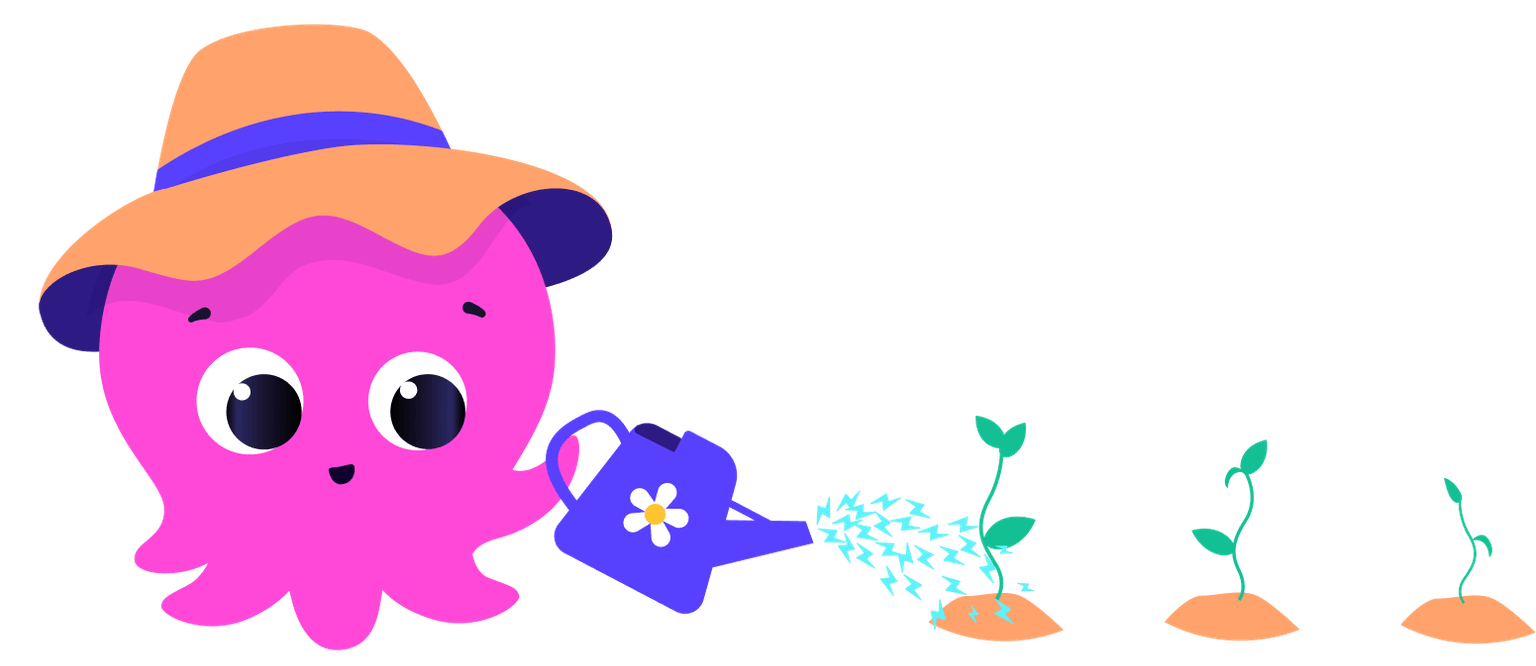 Cute pink octopus wearing a sunhat waters small green plants with a blue watering can, showering them with electricity.