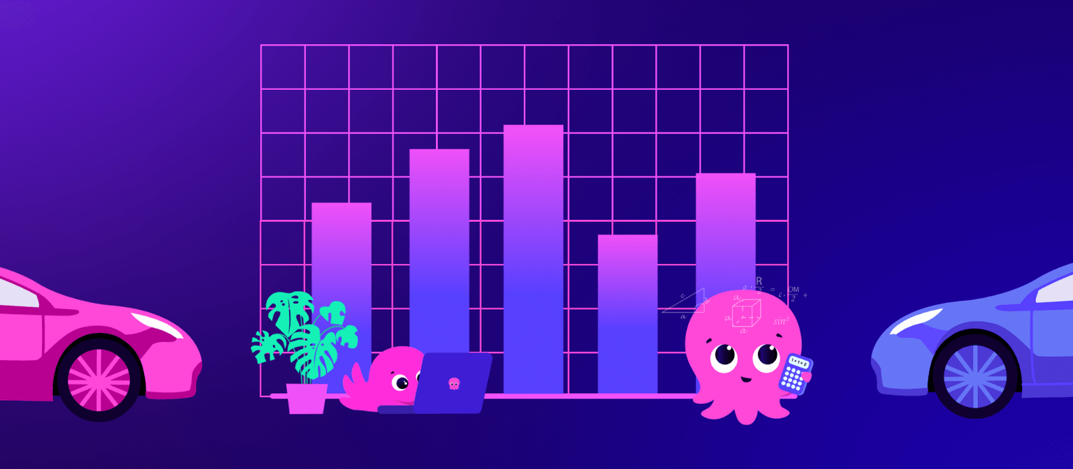 Due polpi rosa raffigurati all'interno di un grafico a barre: uno usa un computer portatile, l'altro tiene in mano una calcolatrice, con automobili ai lati, su uno sfondo sfumato.