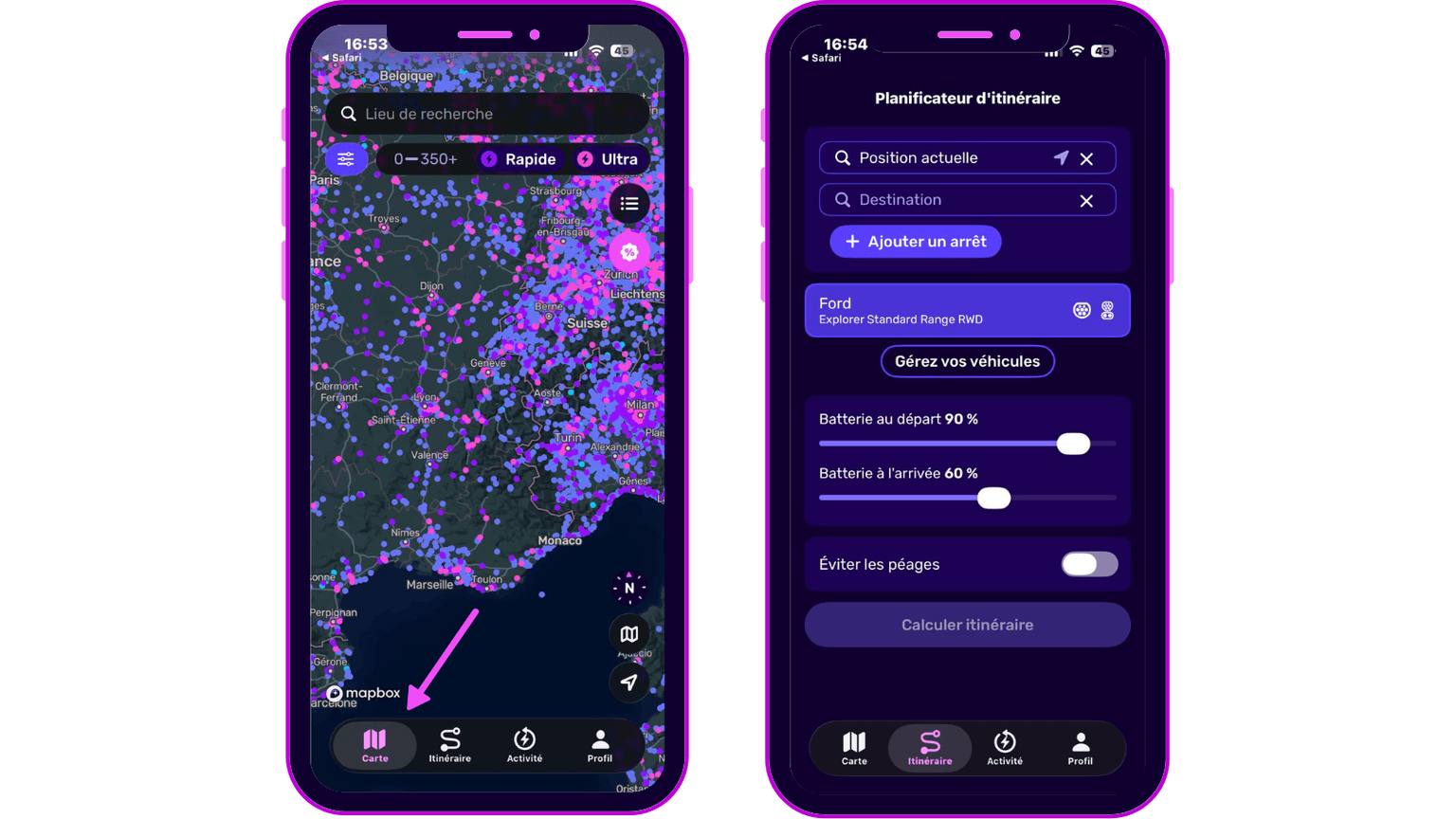 Deux écrans de smartphone affichant une carte avec les bornes de recharge et une interface de planification d'itinéraire pour la gestion des trajets des véhicules électriques.