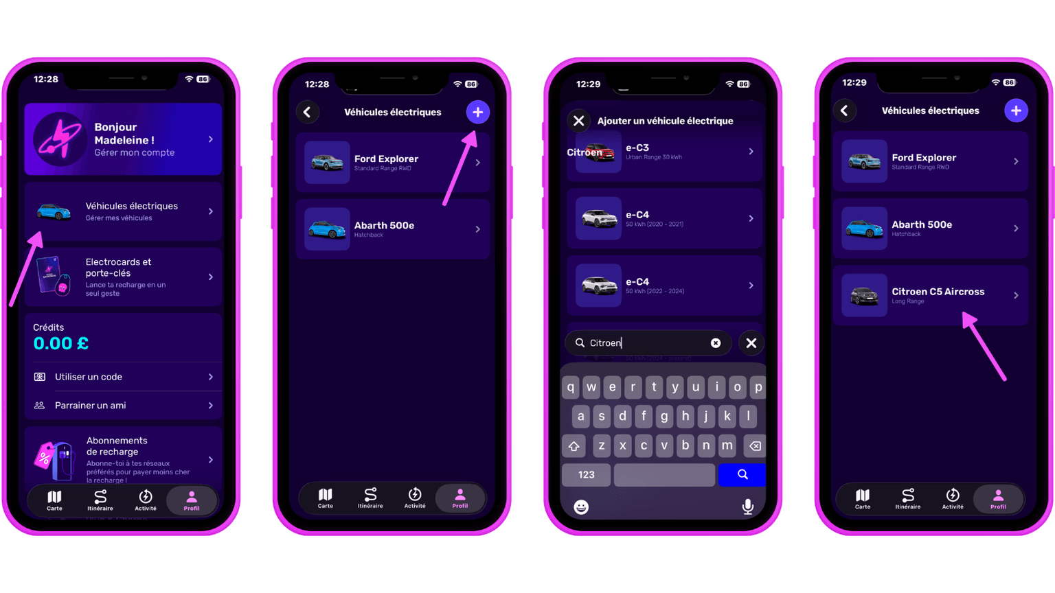 Quatre écrans de smartphone affichant une interface d'application aux tons violets destinée à la gestion de véhicules électriques, incluant la sélection et l'ajout de modèles de voitures.