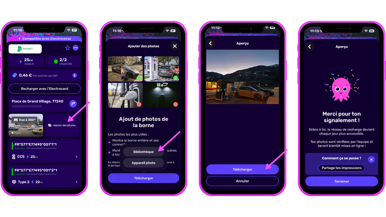 Quatre écrans de smartphone affichent l'interface d'une application de recharge pour véhicules électriques en français, mettant en évidence les fonctionnalités de téléchargement de photos et de partage d'informations.