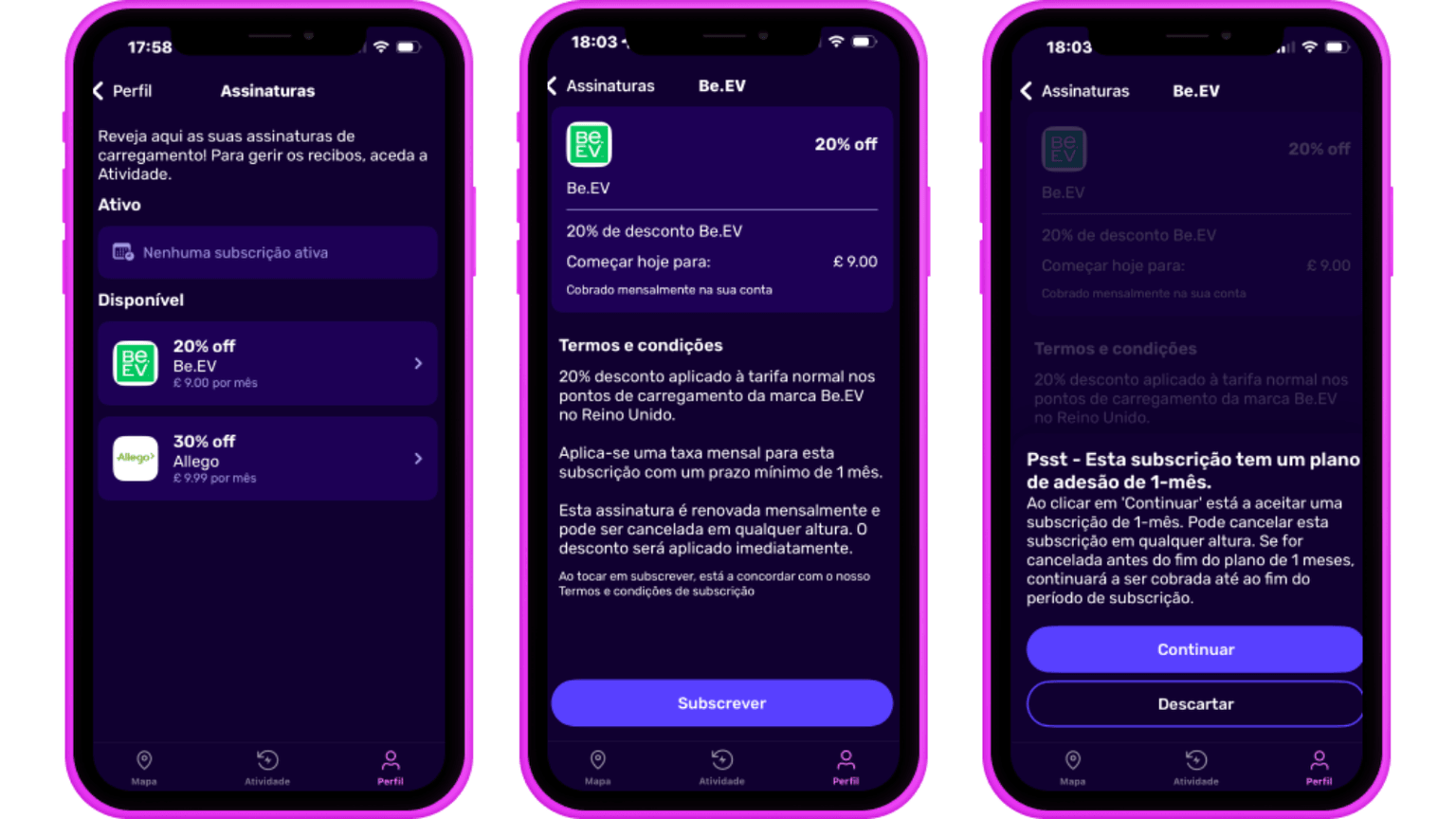 Três ecrãs de smartphones exibindo uma oferta de assinatura do Be.EV com 20% de desconto. Os ecrãs exibem os termos, condições e opções de assinatura.