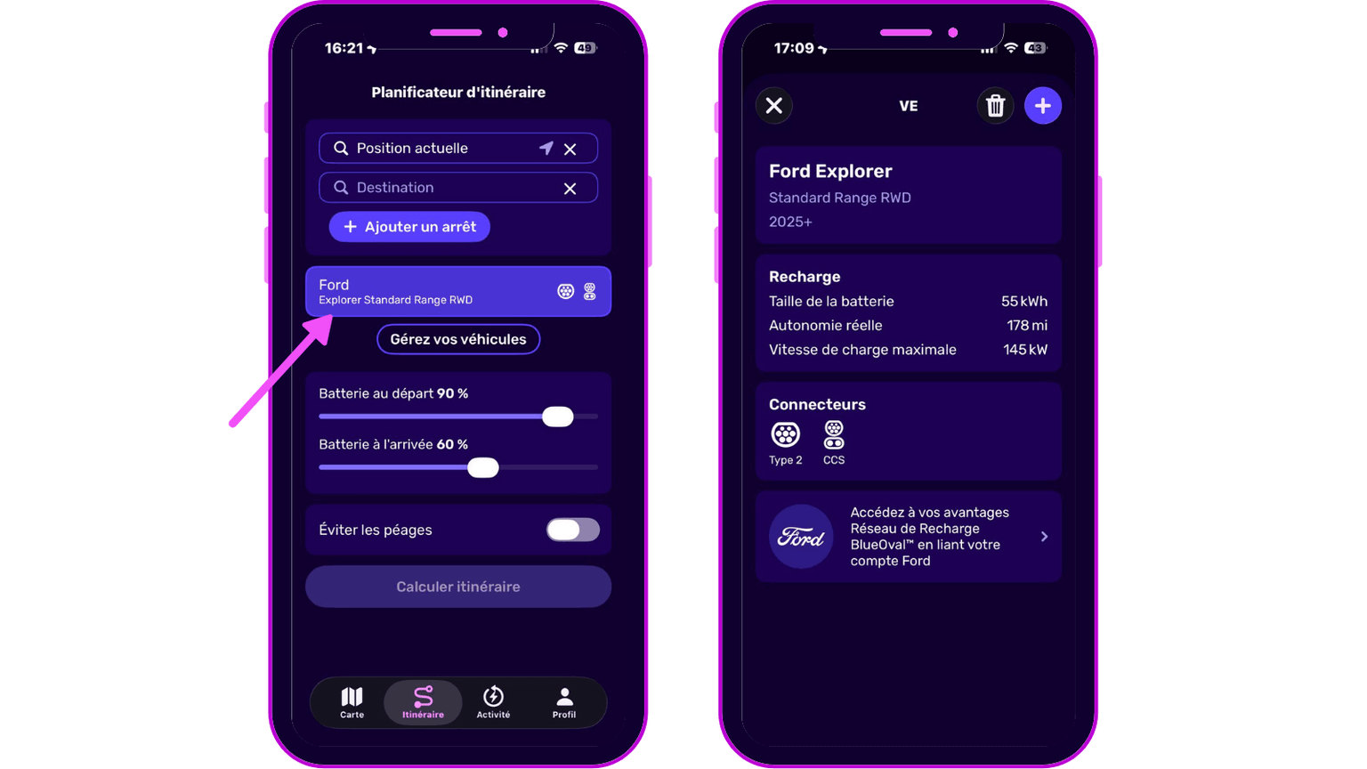 Deux écrans de smartphone affichent un planificateur d'itinéraire de véhicule et des informations sur le Ford Explorer, notamment sur la batterie et la recharge.