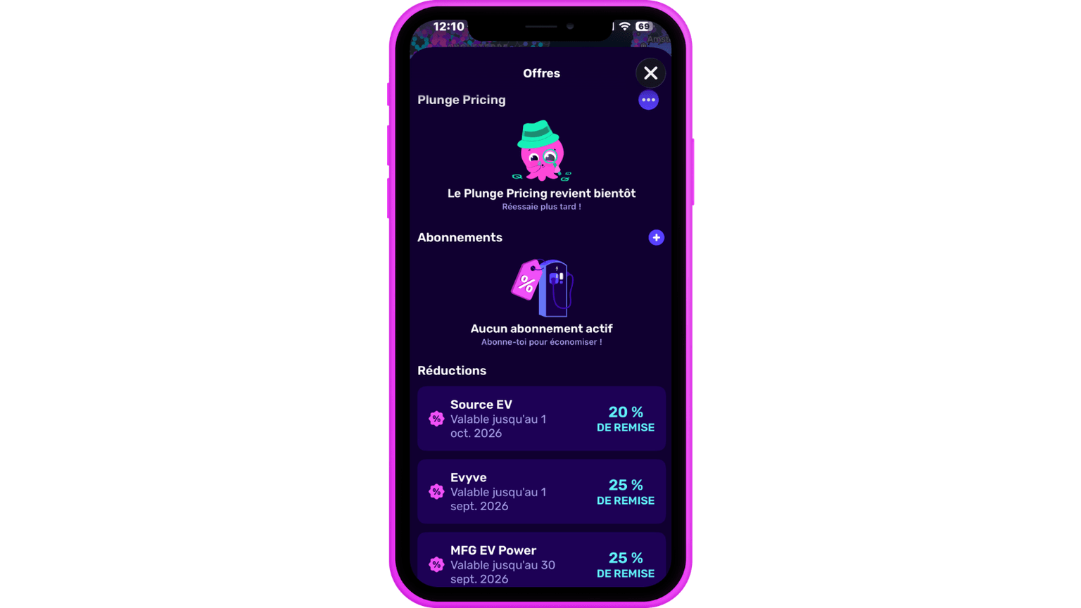 Écran de smartphone affichant des offres, des abonnements et des réductions avec des graphismes éclatants, incluant une pieuvre rose et des informations sur les réductions en cours.