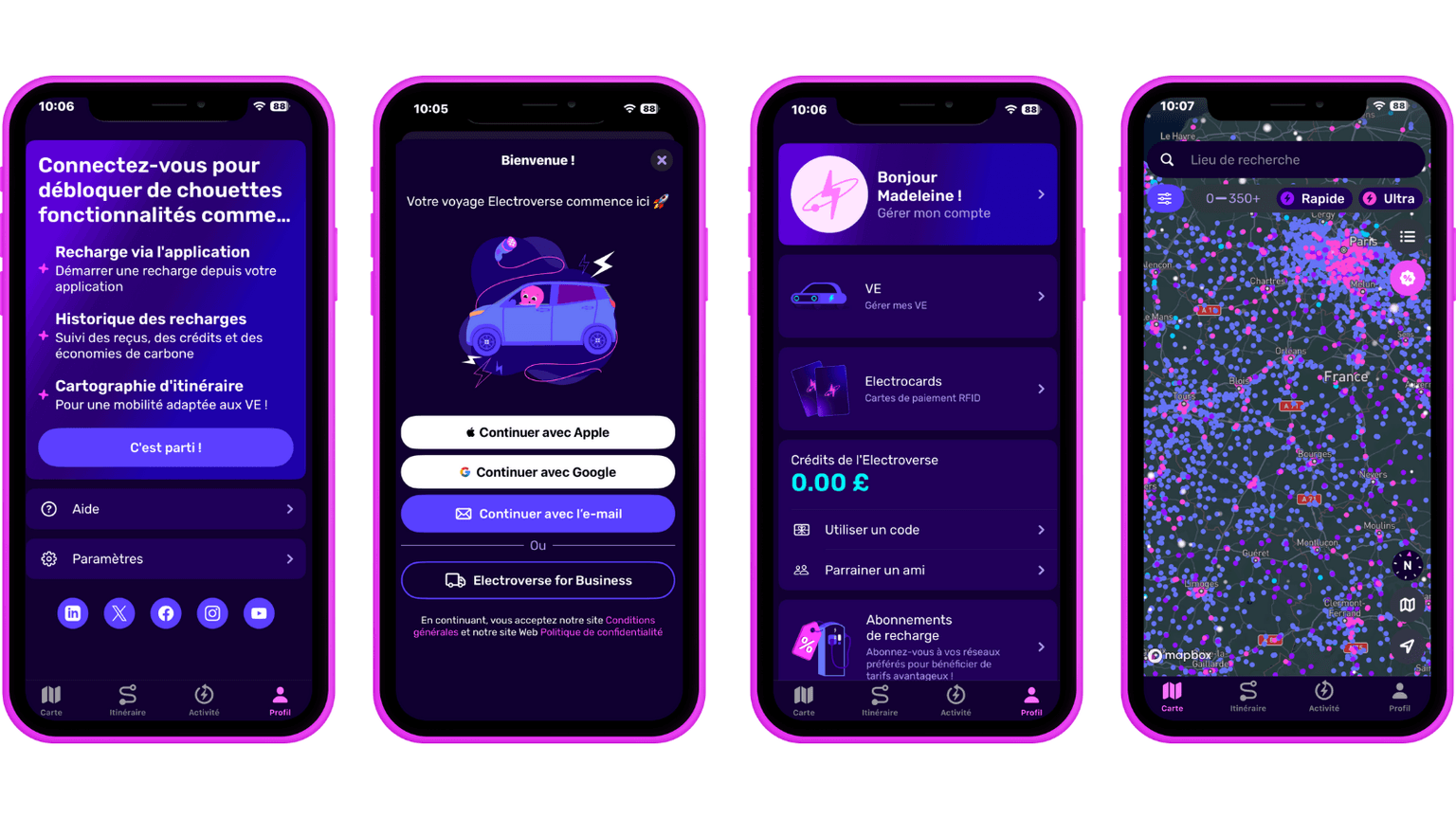 Quatre écrans violets pour smartphone d'une application française pour véhicules électriques : connexion, fonctionnalités, profil et une carte détaillée du réseau national de bornes de recharge.