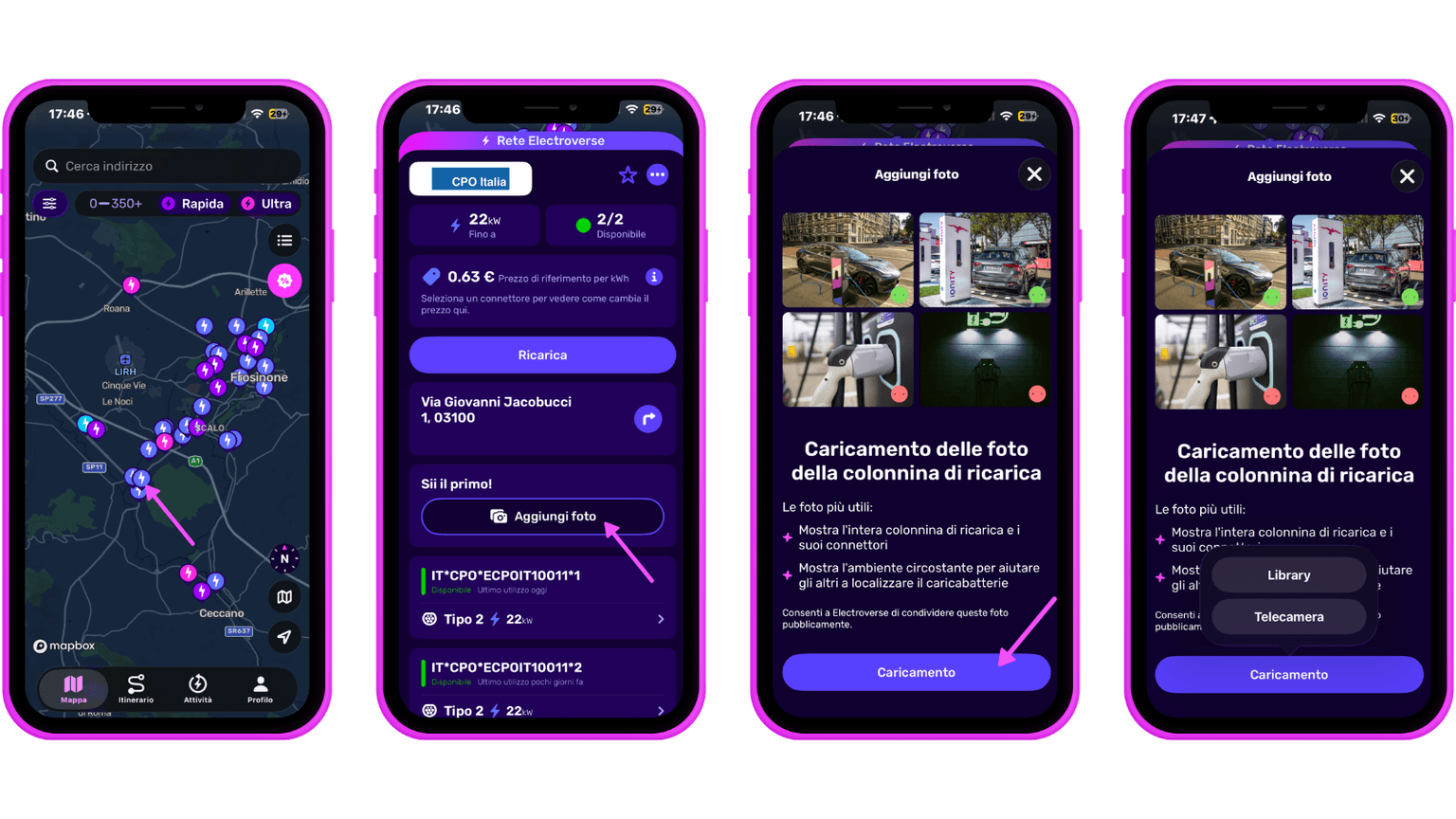 Quattro schermi di smartphone mostrano un'app per stazioni di ricarica con mappe, dettagli sulla connessione e istruzioni per il caricamento di foto in italiano.