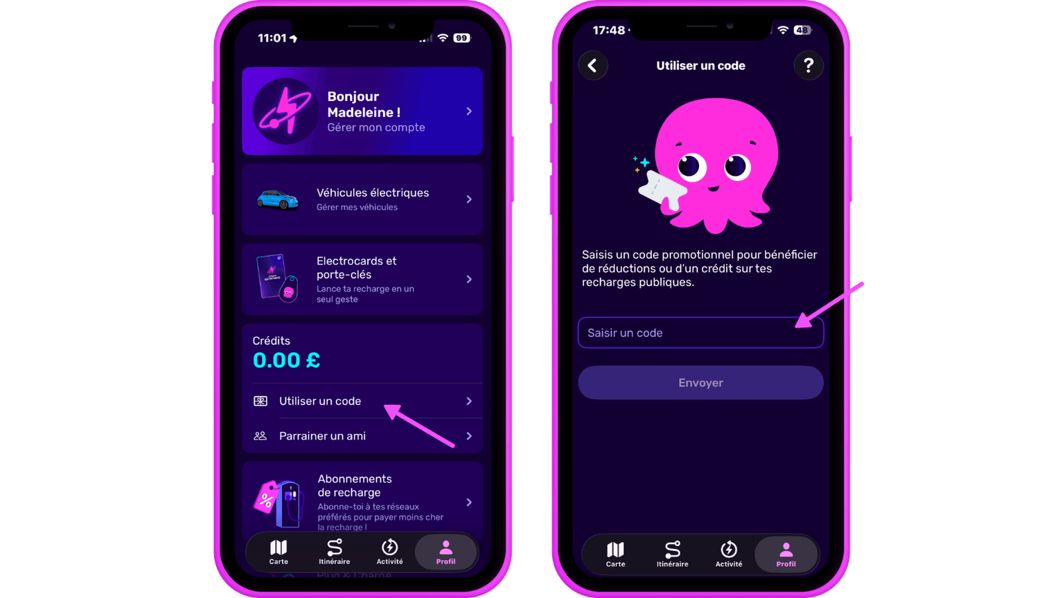 Deux écrans de smartphone affichent l'interface d'une application au thème violet. L'écran de gauche présente des options de menu, tandis que celui de droite arbore une icône de pieuvre rose.