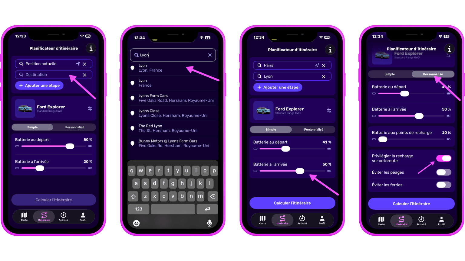 Quatre écrans de smartphone affichant une application de planification de trajet avec des options de destination, de gestion de la batterie et de personnalisation dans un thème violet.