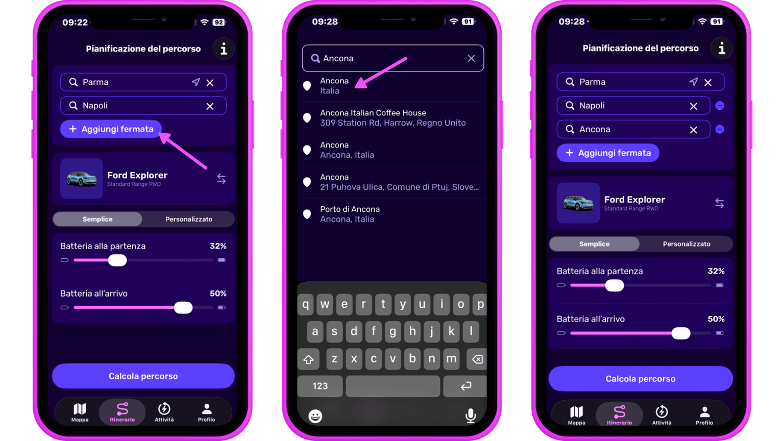 Tre schermi di smartphone mostrano l'interfaccia di un'app per la pianificazione dei viaggi, con opzioni per aggiungere tappe, selezionare destinazioni e regolare i livelli della batteria.