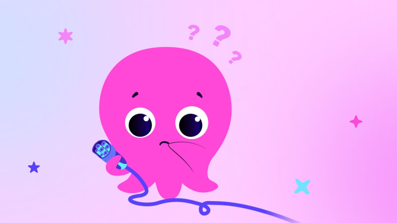 A pink cartoon octopus holding a microphone with a confused expression, surrounded by question marks and stars on a pastel background.