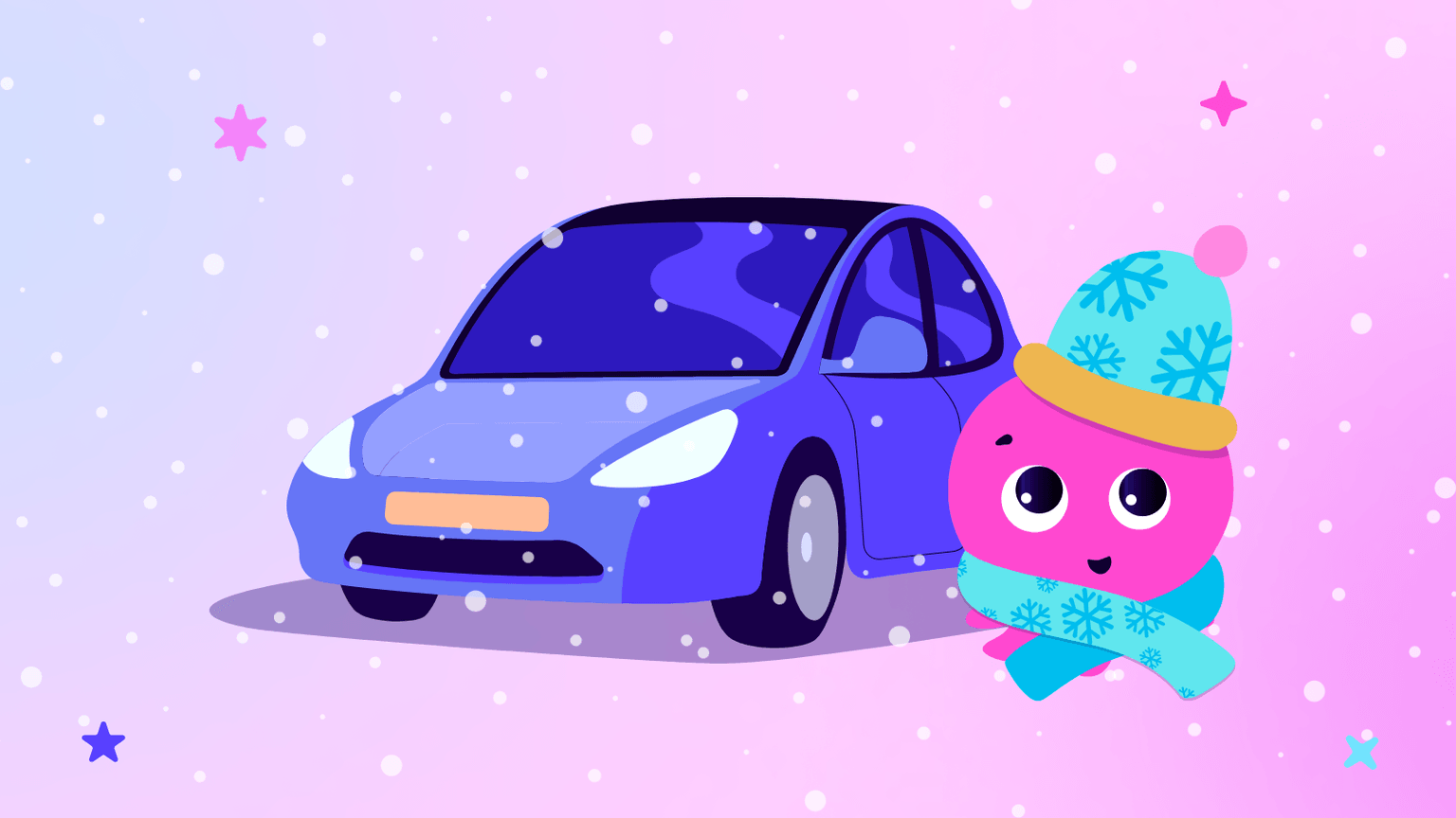 Un adorable personnage rose, coiffé d'un bonnet d'hiver et d'une écharpe, se tient à côté d'une voiture bleue sous un ciel enneigé aux couleurs pastel.