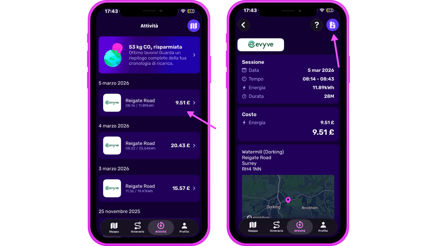 Due schermi di smartphone mostrano un'app che tiene traccia del risparmio di CO2 e delle sessioni di ricarica energetica, evidenziando date, costi e posizioni sulla mappa.