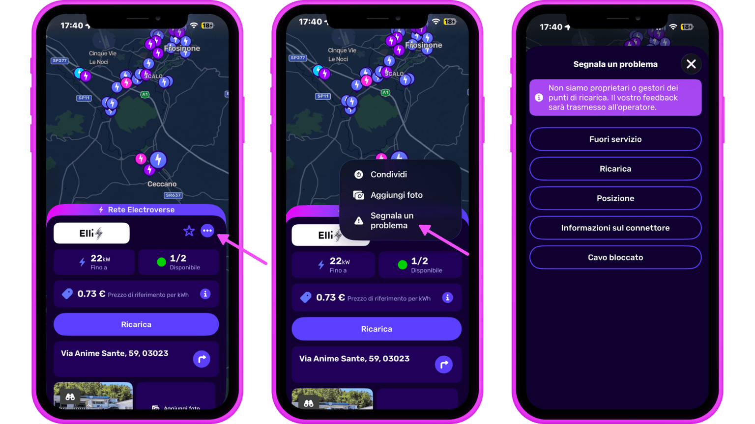 Tre schermi di smartphone mostrano un'interfaccia cartografica con i dettagli delle stazioni di ricarica e le opzioni per condividere, aggiungere una foto o segnalare un problema.