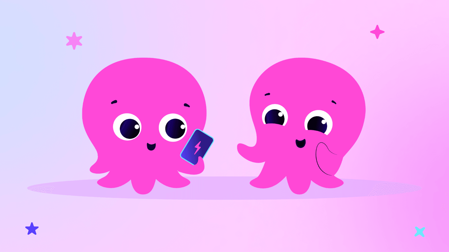 Deux adorables pieuvres roses, dont l'une tient une carte de recharge ornée d'un symbole en forme d'éclair. Elles ont de grands yeux et sont entourées d'étoiles sur un fond aux couleurs pastel.