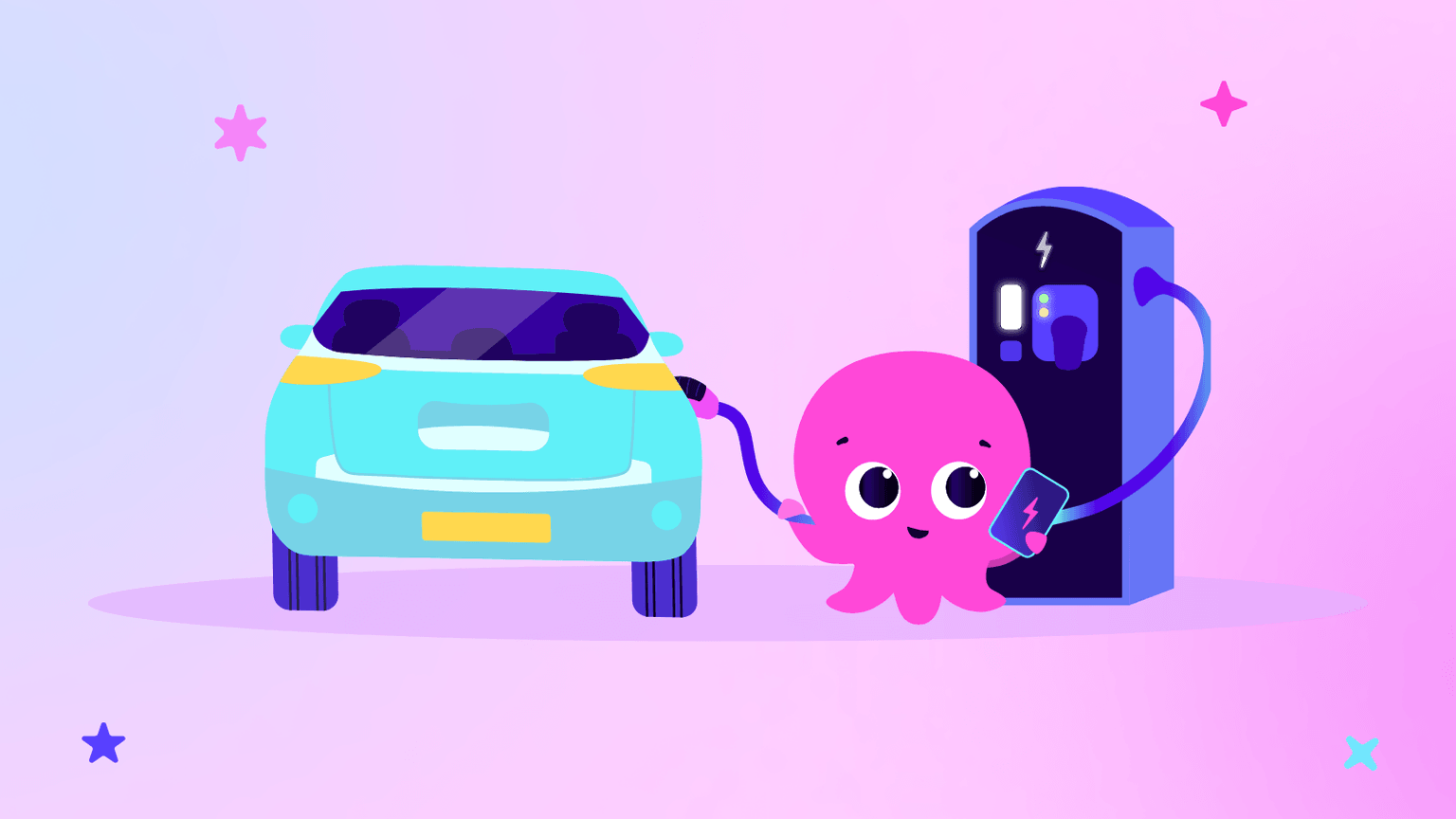 Une adorable pieuvre en train de recharger une voiture électrique, une carte de recharge à la main, sur un fond rose et violet parsemé d'étoiles.