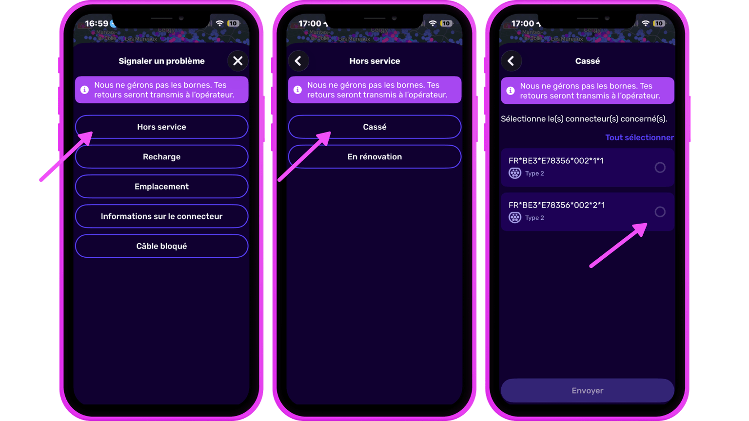 Trois écrans de smartphone montrent comment signaler un problème de chargeur dans l'application Electroverse, en sélectionnant « Hors service » et en choisissant les connecteurs sur une interface de l'application au thème sombre.