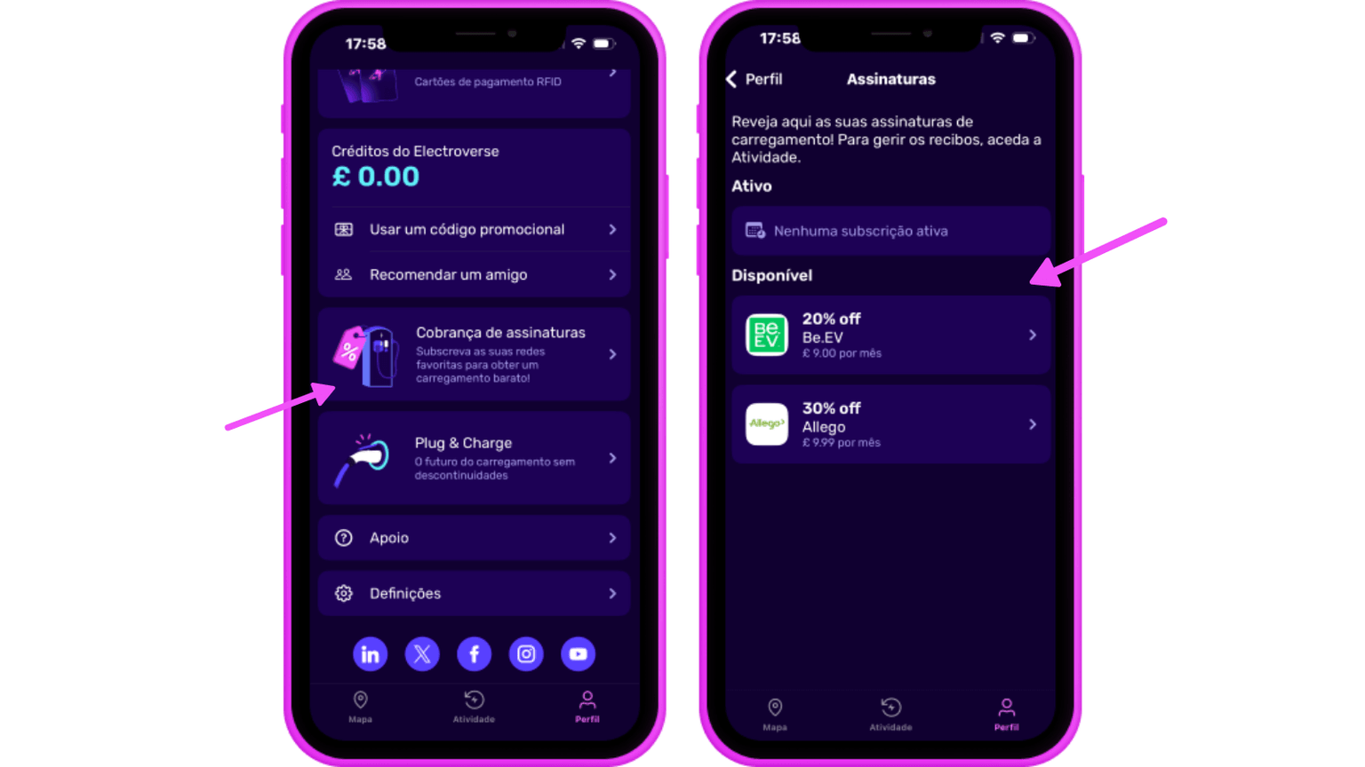 Duas telas de smartphones exibem uma interface do aplicativo Electroverse com tema escuro, com opções de serviços de cobrança e descontos de assinatura de 20% e 30%.